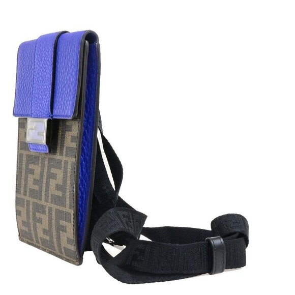 FENDI Logo Zucca Pattern Phone Holder Bag PVC Leather Brown Blue Italy 88RL013 - Picture 1 of 16